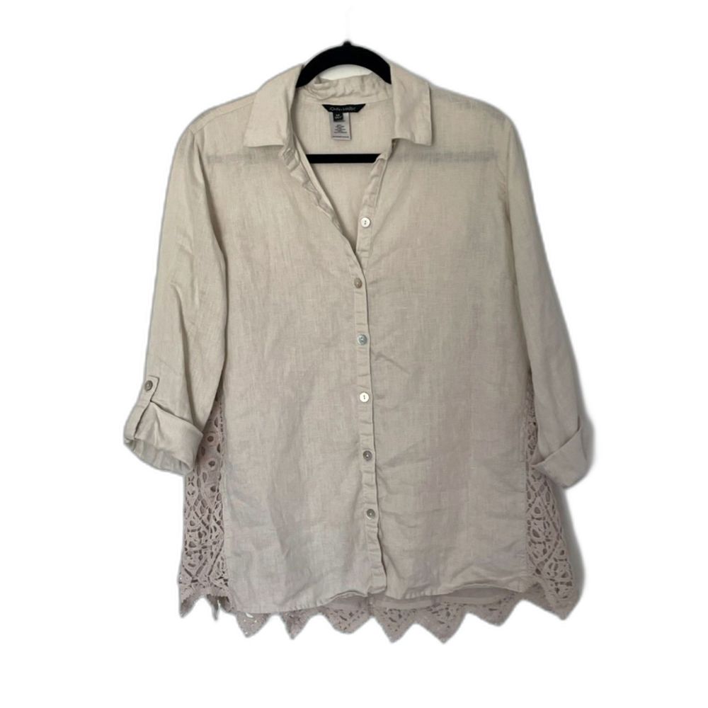 John Mark 100% Linen Boho Lace Crochet Minimalist Shirt Size Medium-Large C130